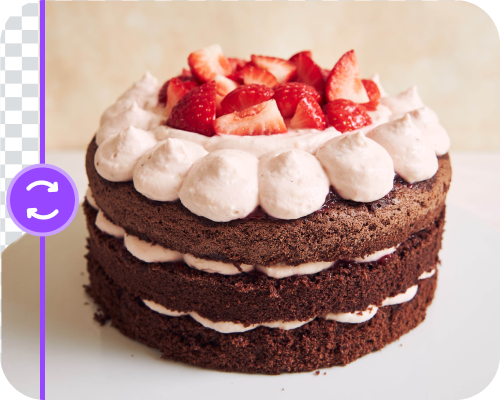 A photo of a layered cake with its background being cut away